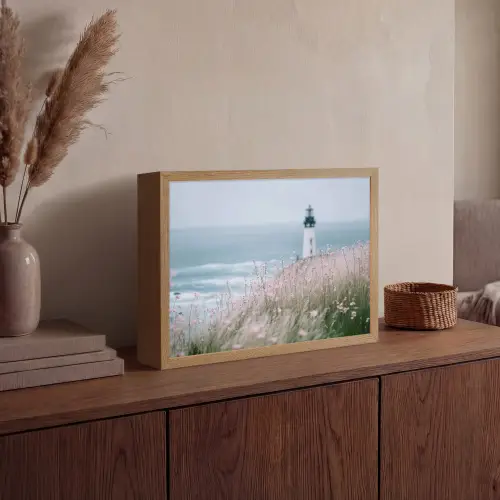 Vuurtoren - Klif - Zee - Bloemen Light Box met batterij (Wandlamp) middel -sfeer2
