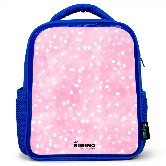 Roze glitter hartjes Kinderrugzak - Blauw middel -3d