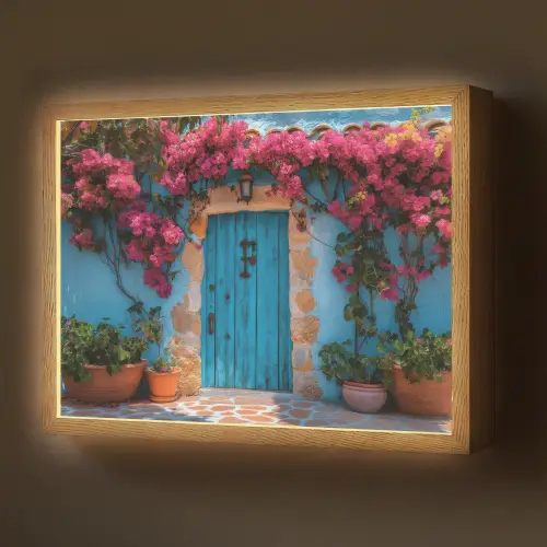 Deur - Hout - Bloemen - Blauw Light Box met batterij (Wandlamp) middel -z3d_website