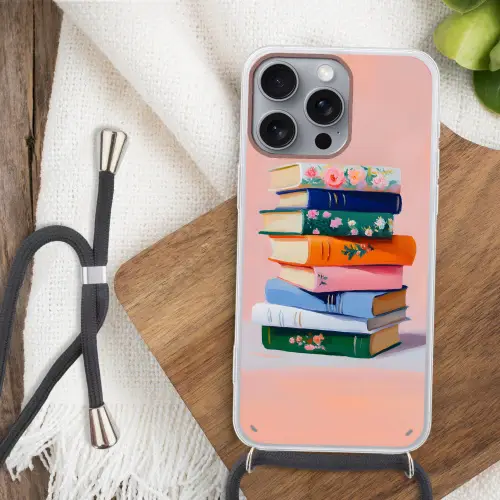 Boeken - Stapel - Kleurrijk Hoesje iPhone 16 Pro Max met koord klein -sfeer4