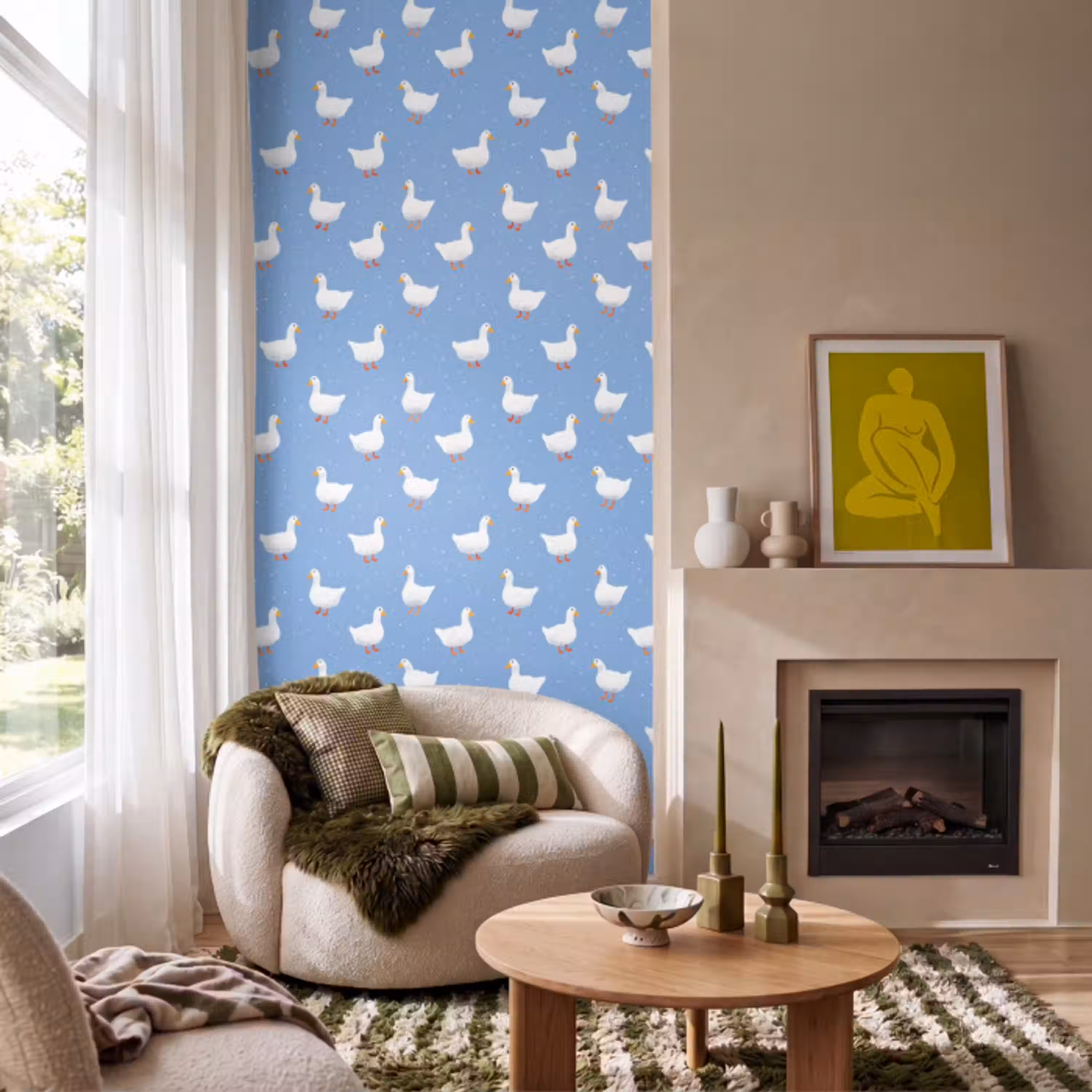 Ganzen - Elegant - Blauw Behang Vlies klein 1076 -sfeer2