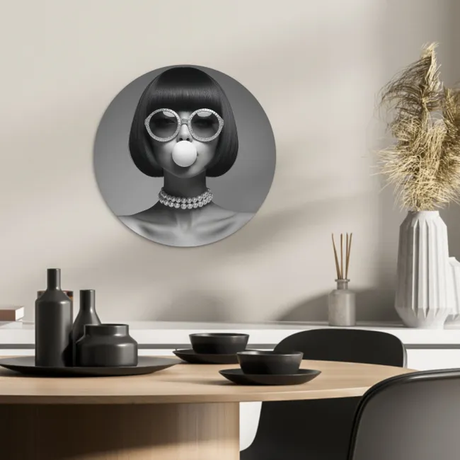 Vrouw - Zwart Wit - Ketting - Zonnebril KitchenYeah - Keuken - Wandcirkel Forex klein -sfeer2