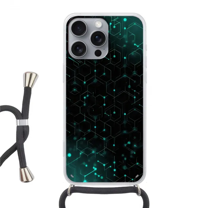 Gaming - Netwerk - Blauw - Punten - Patroon Hoesje iPhone 16 Pro Max met koord klein -3d