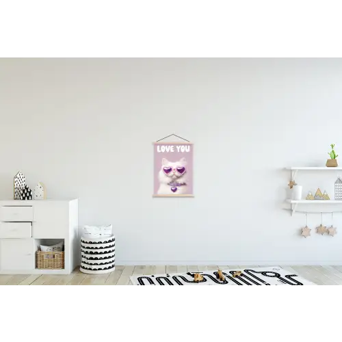 Kat - Love - Paars - Valentijn textielposter latten blank klein -kinderkamer