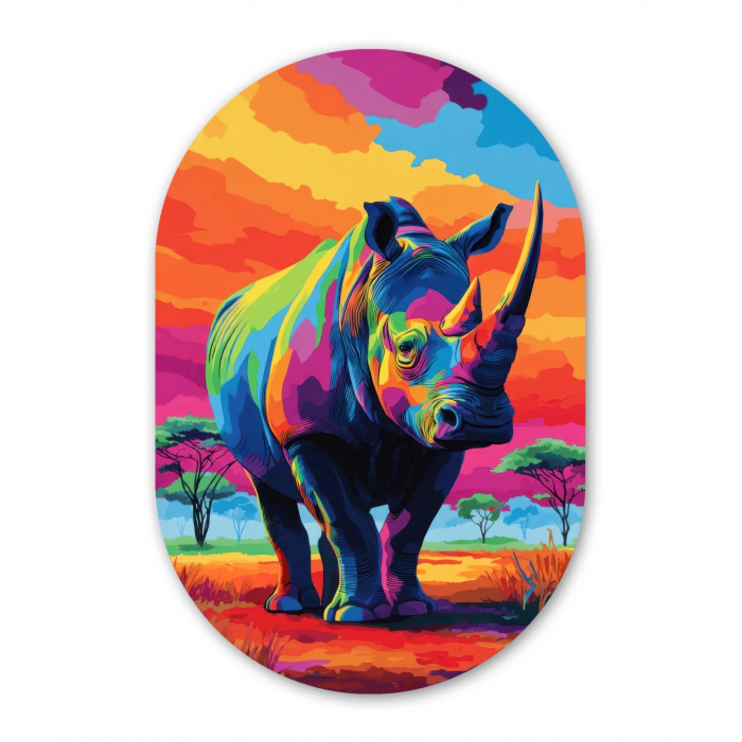 Neushoorn - Zonsondergang - Savanna - Kleurrijk Wandcirkel Ovaal Glas middel -3d