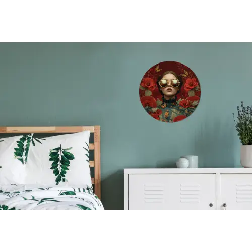 Bloemen - Dieprood - Zonnebril - Vrouw Wandcirkel aluminium klein -slaapkamer