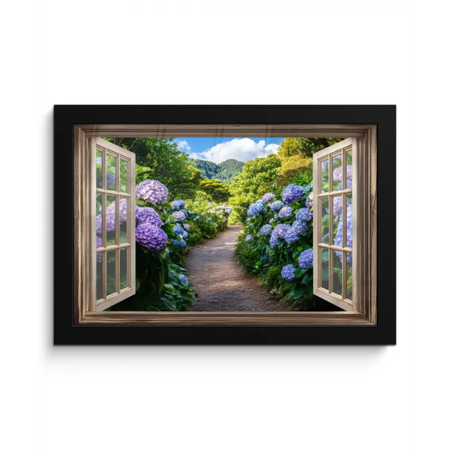 Doorkijk - Hortensia - Pad - Natuur fotolijst zwart zonder passe partout klein -3d