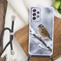 Vogel - Tak - Sneeuw - Winter Hoesje Samsung Galaxy A52 5G met koord klein -sfeer4