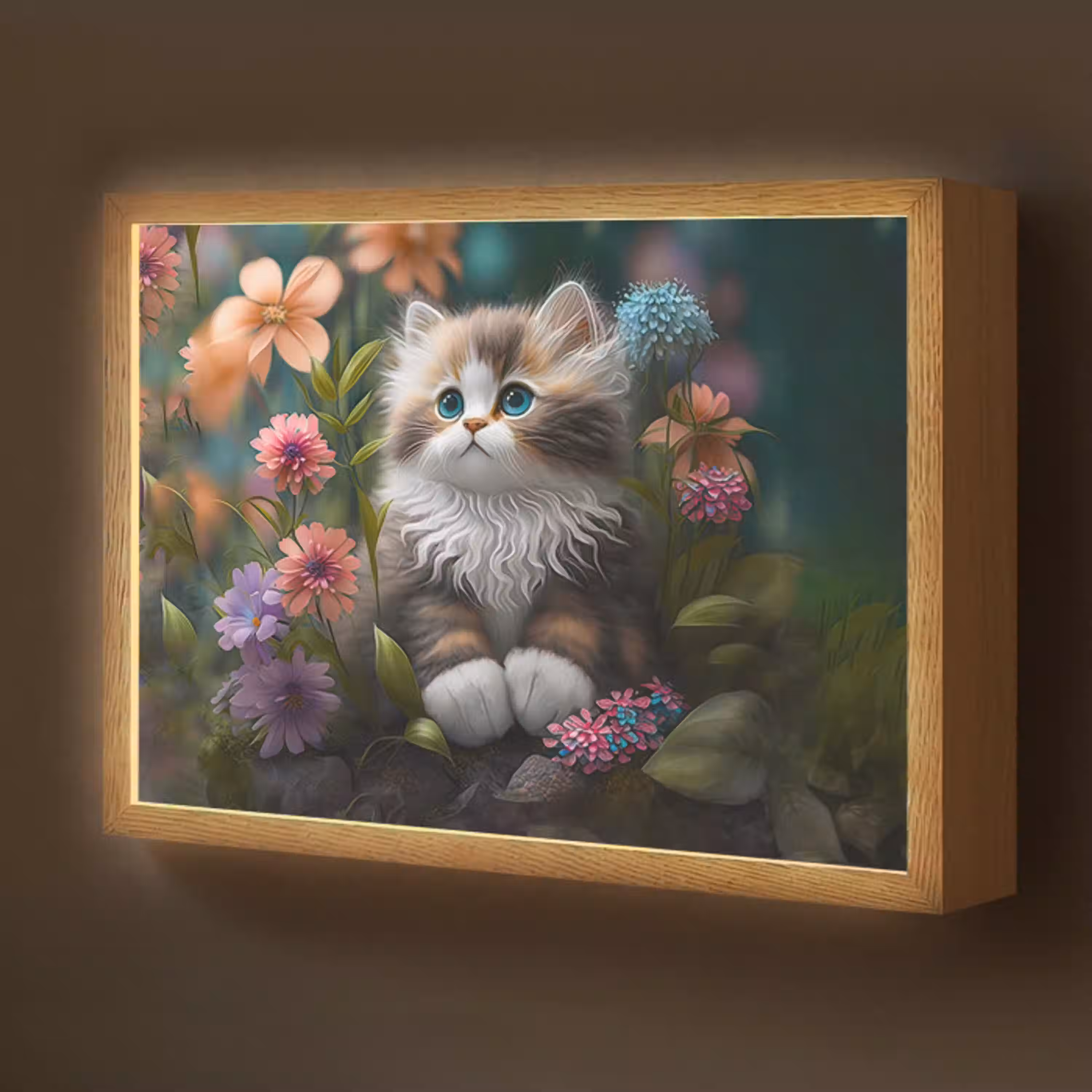 Kitten - Illustratie - Bloemen - Natuur - Kat Light Box met batterij (Wandlamp kind) middel -z3d_website