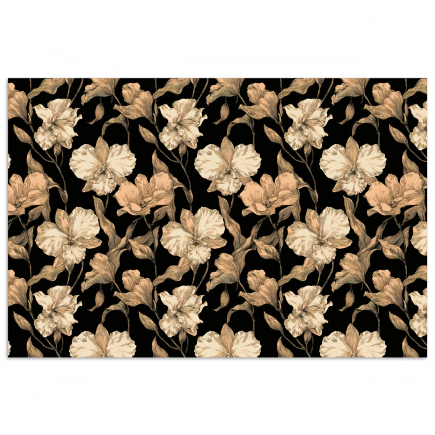 Orchideeën - Lijntekening - Patroon - Beige - Zwart poster papier klein 62 -3d