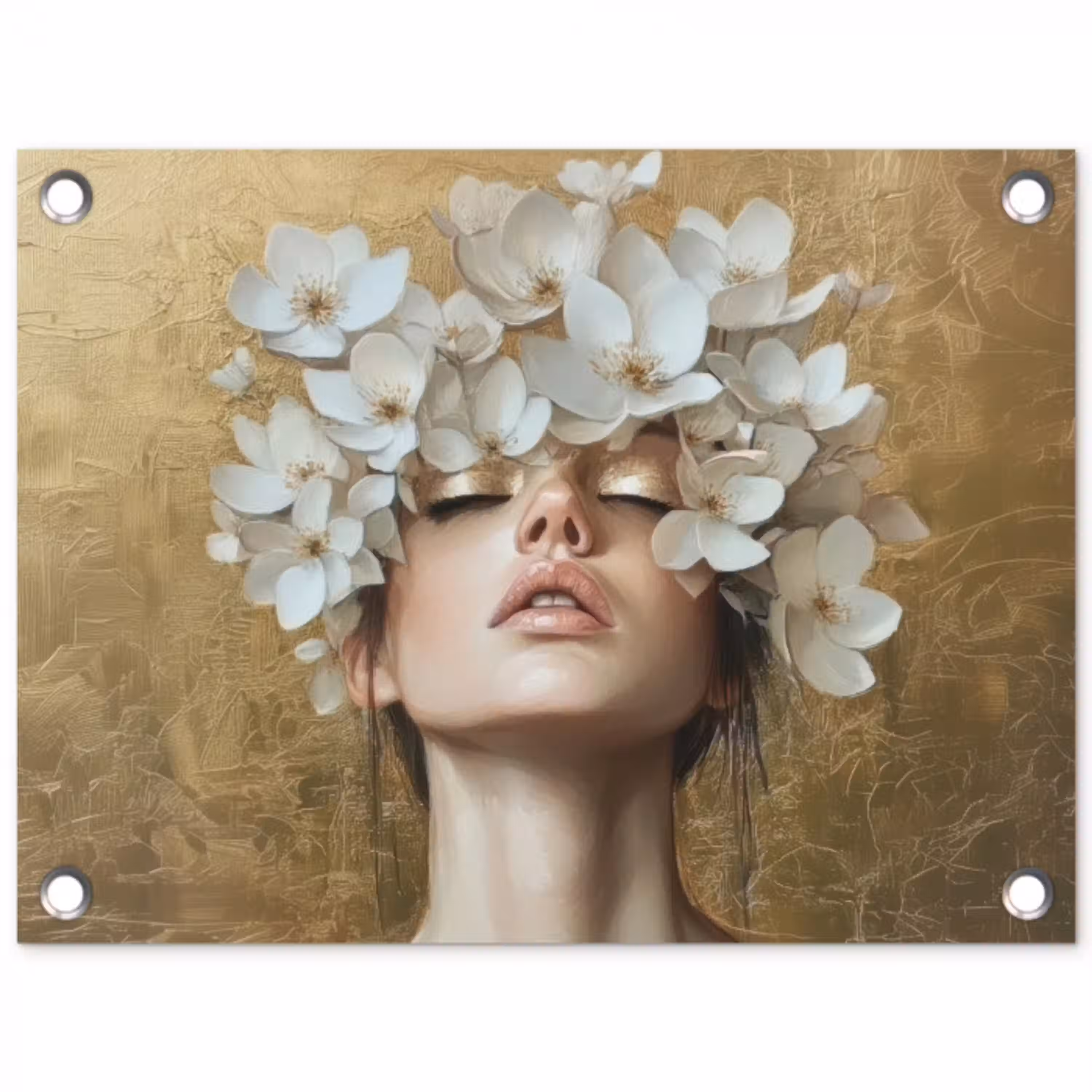 Gezicht - Bloemen - Goud - Abstract tuinposter los doek klein -3d
