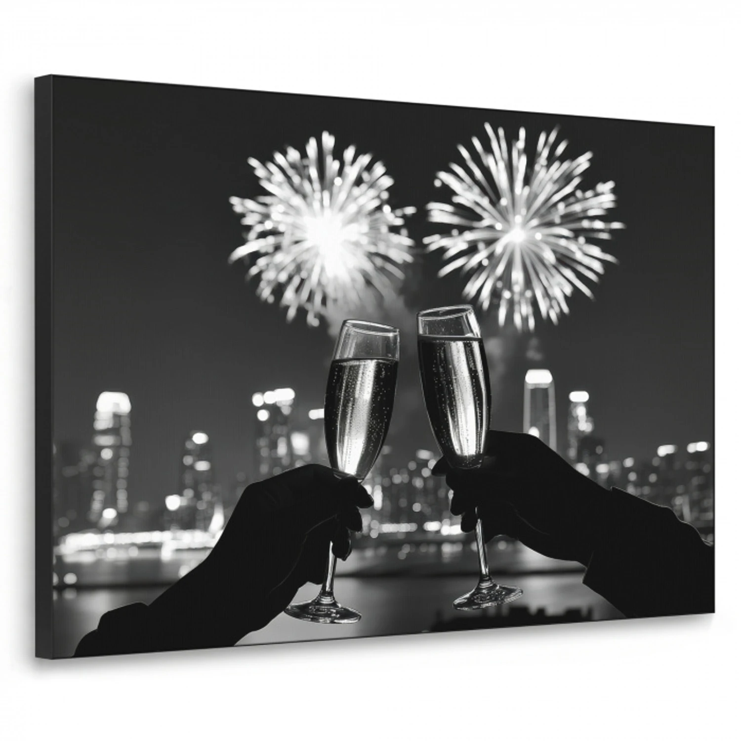 Vuurwerk - Proosten - Skyline - Champagne Textielframe zwart klein -3d