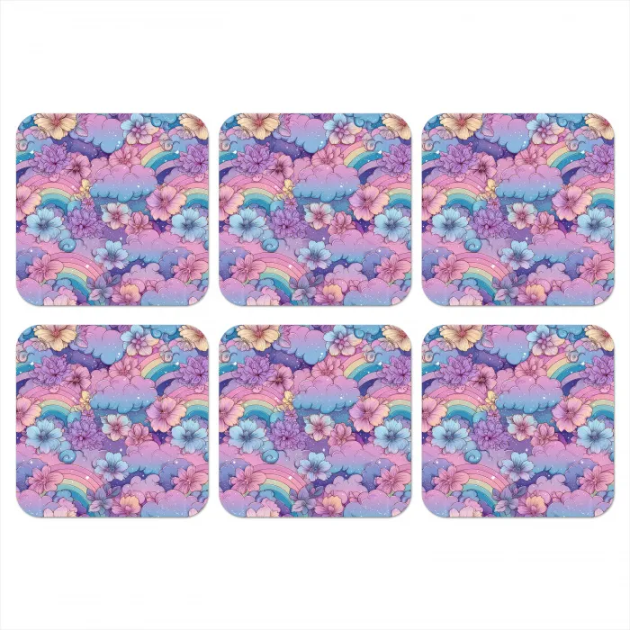 Regenbogen - Bloemen - Kleurrijk - Wolken onderzetter kurk middel -3d