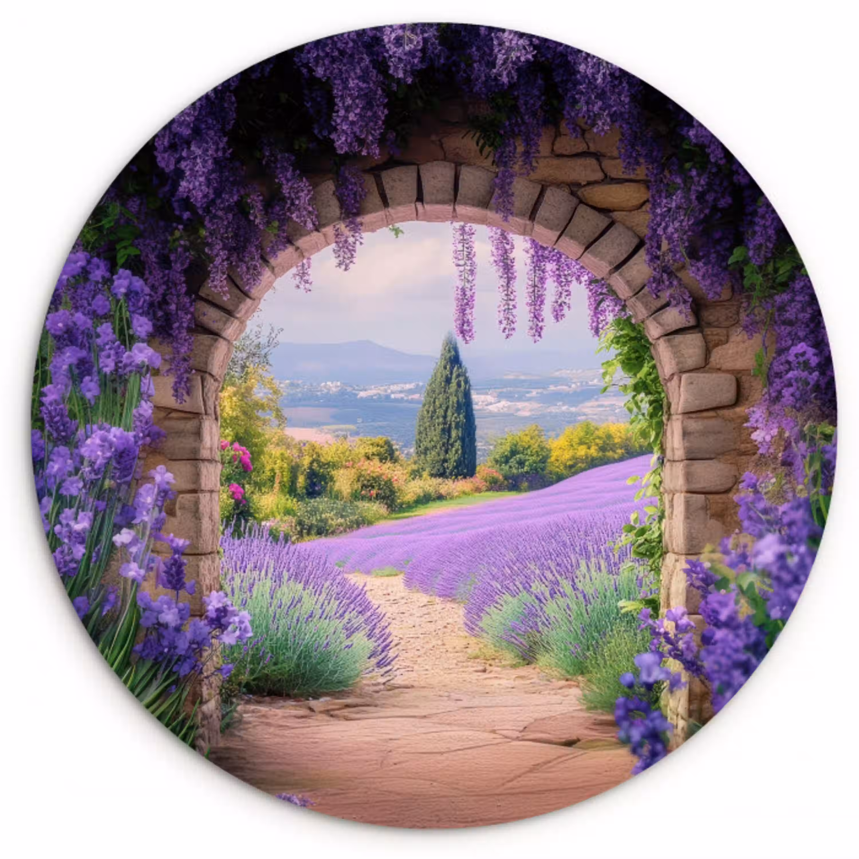 Doorkijk - Lavendel - Bloemen - Paars - Poort Wandcirkel kunststof plaat 5mm dik klein -3d