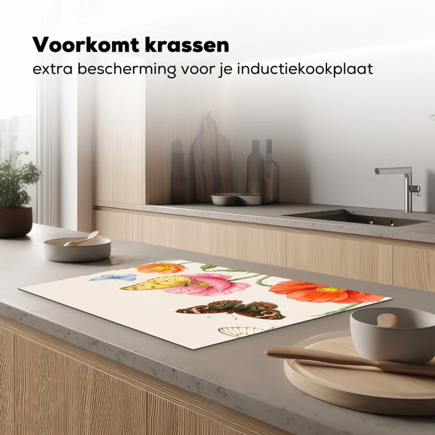 Vlinders - Klaprozen - Illustratie - Kleurrijk Inductie beschermer vinyl 3mm klein -sfeer1