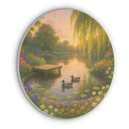 Eenden - Vijver - Bloemen Akoestische PET Vilt - Rond klein -3d