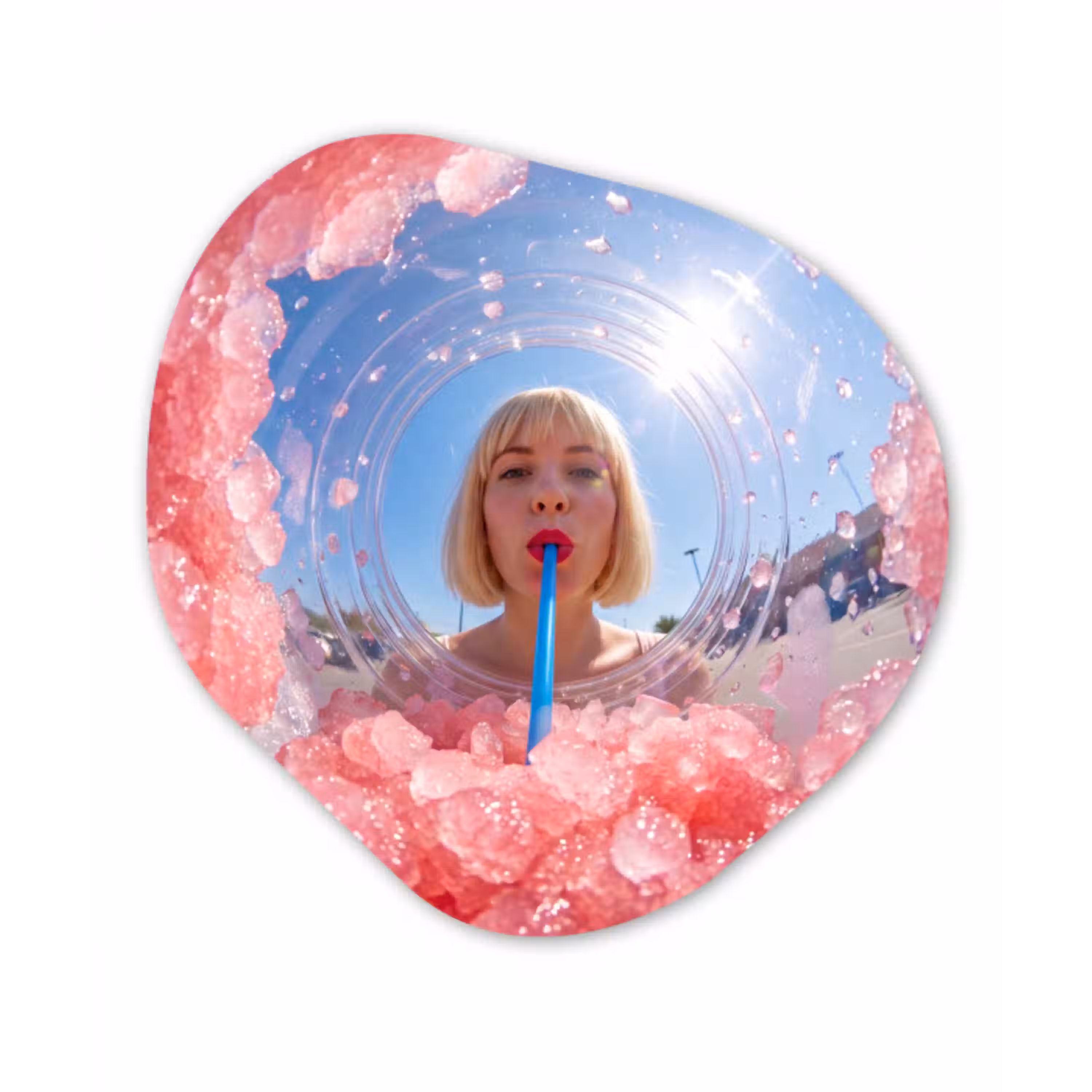 Vrouw - Drank - Zomer - Roze - Blauw Wandcirkel Organisch Forex 3mm klein -3d