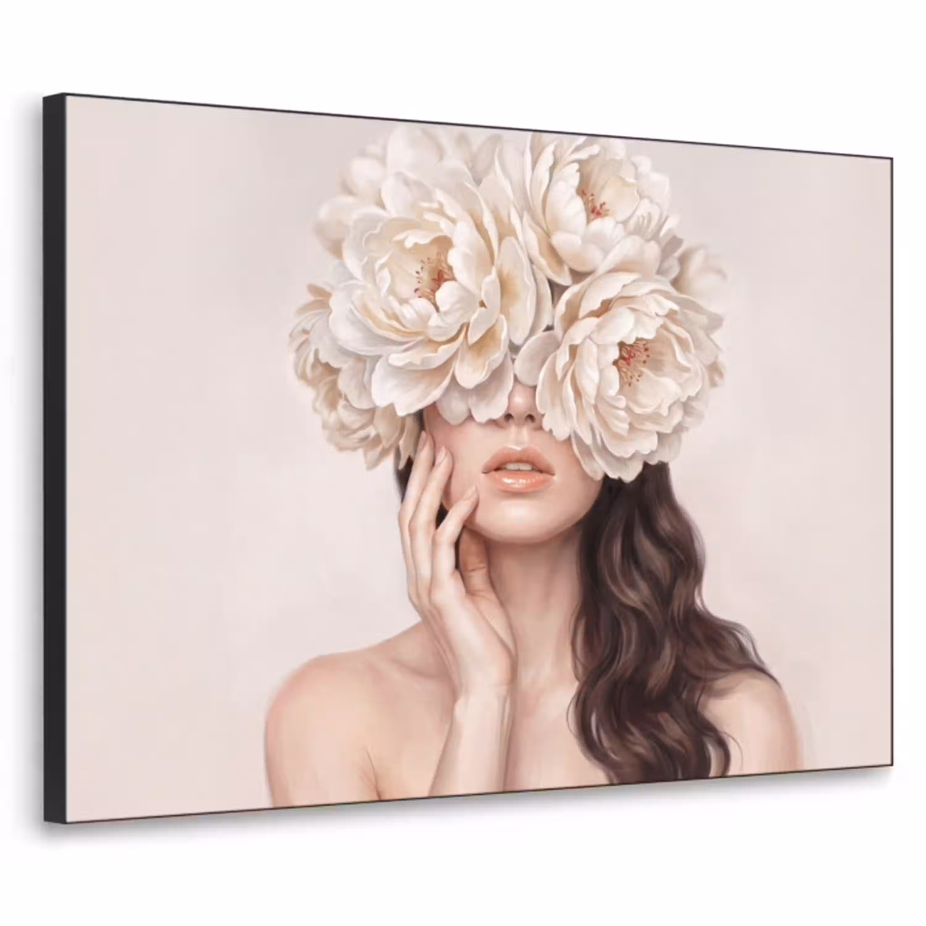 Gezicht - Pioenrozen - Crème Textielframe zwart klein -3d