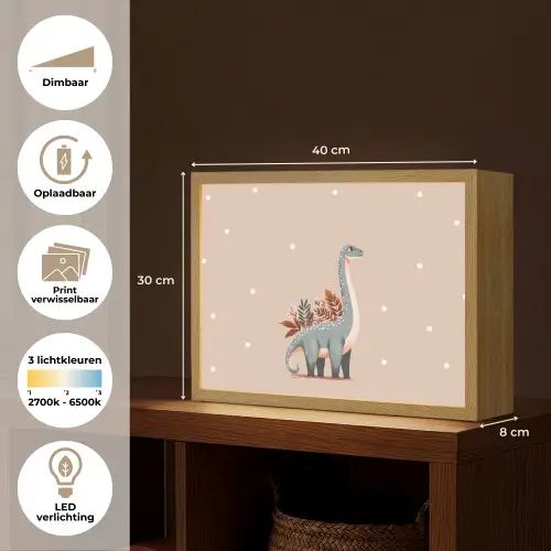 Dinosaurus - Planten - Stippen - Beige Light Box met batterij (Wandlamp kind) middel -USP_websiteoverzichtNL