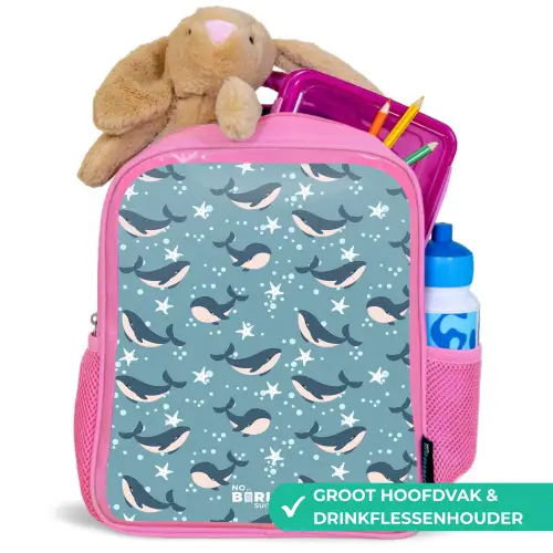 Donkerblauw walvissenpatroon met zeesterren Kinderrugzak - Roze middel -inhoud_NL