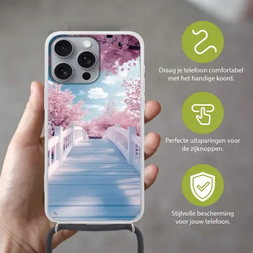Brug - Kersenbomen - Wit Hoesje iPhone 16 Pro Max met koord klein -sfeer2_NL