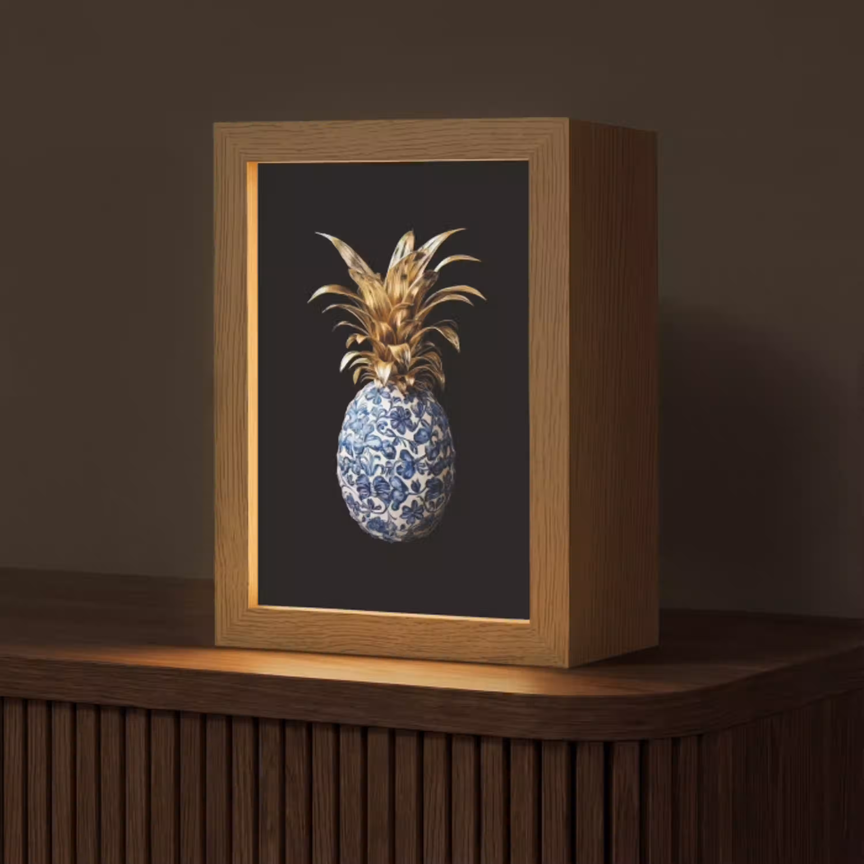 Ananas - Bloemen patroon - Goud - Delftsblauw Light Box met kabel (Tafellamp) klein -z3d_website