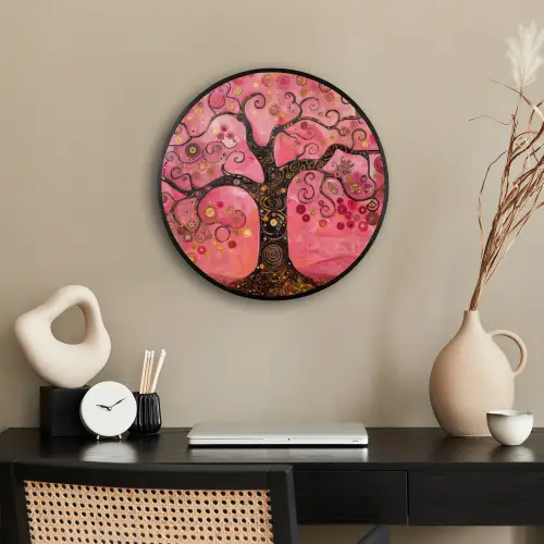 Boom - Levensboom - Roze - Goud Fotolijst rond zonder passe partout klein -sfeer1