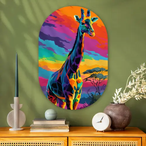 Giraffe - Savanna - Lucht - Gekleurd Wandcirkel Ovaal Glas middel -sfeer2