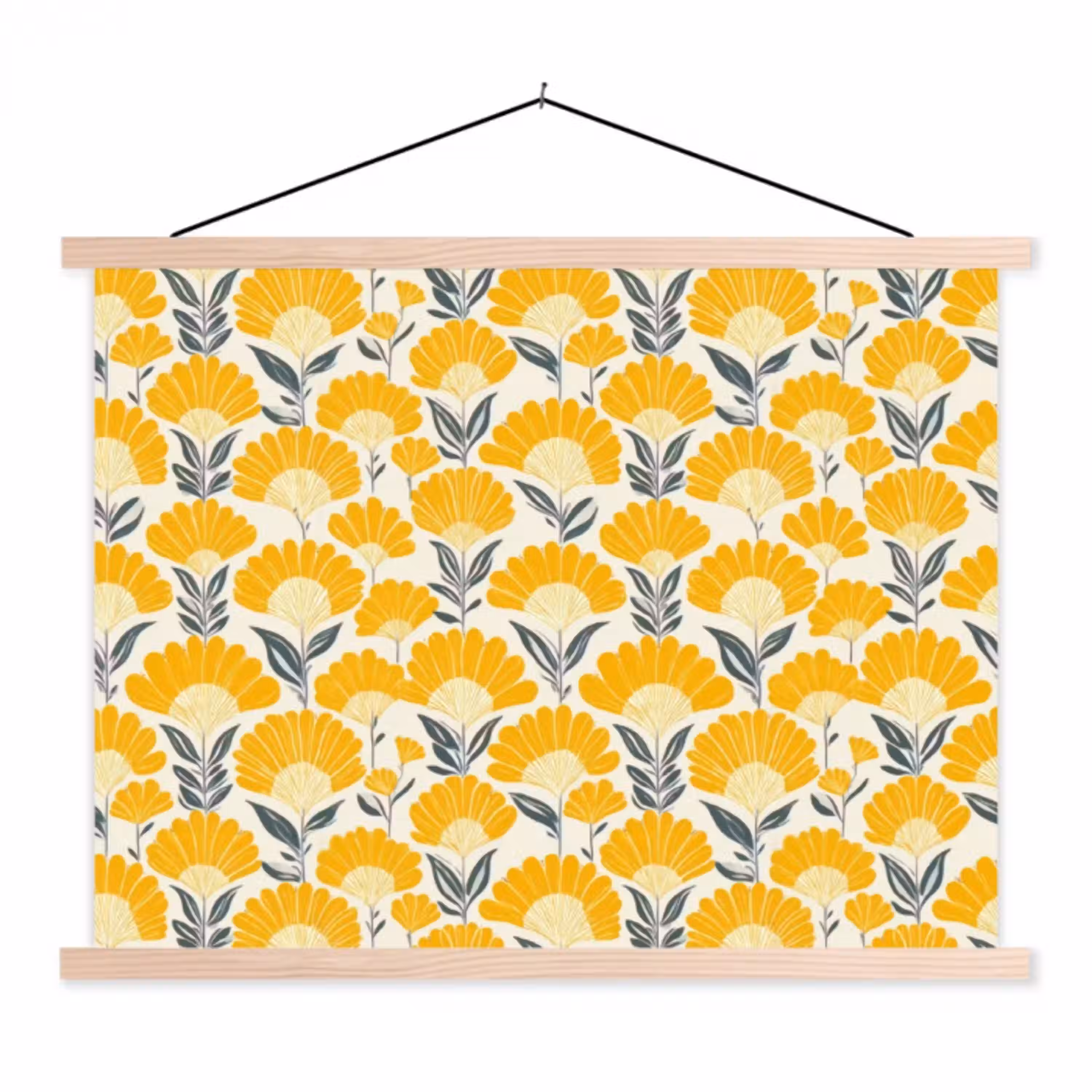Bloemen - Retro - Botanisch - Okergeel - Grijs textielposter latten blank klein 122 -3d