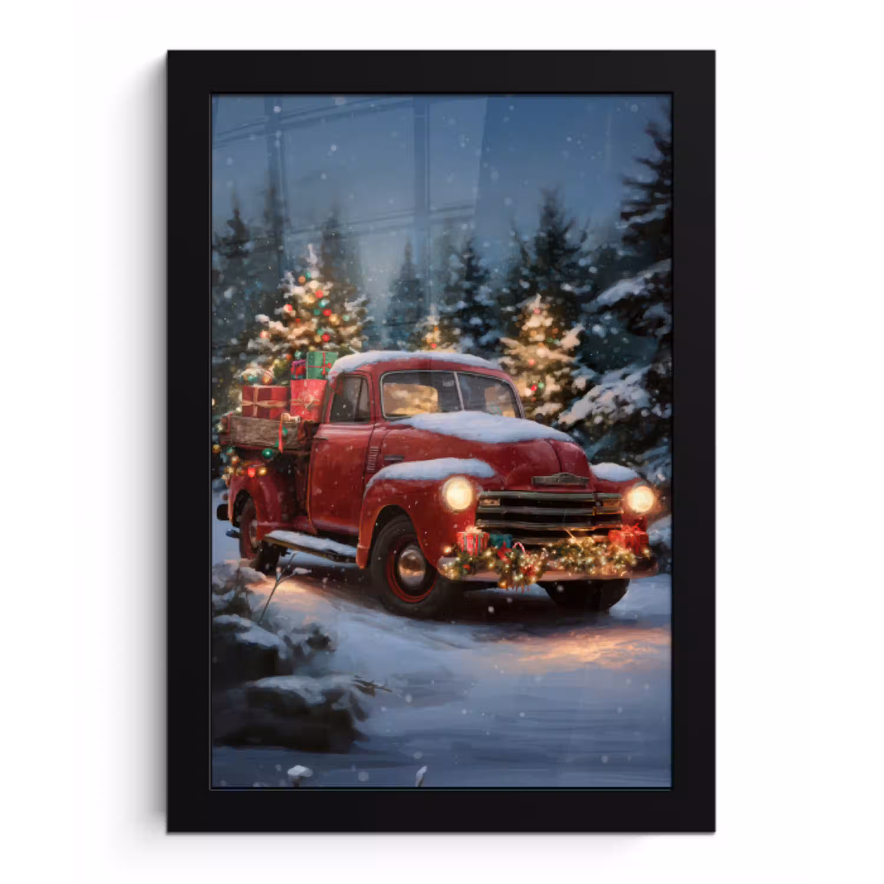 Kersttruck - Sneeuwbos - Rood fotolijst zwart zonder passe partout klein -3d