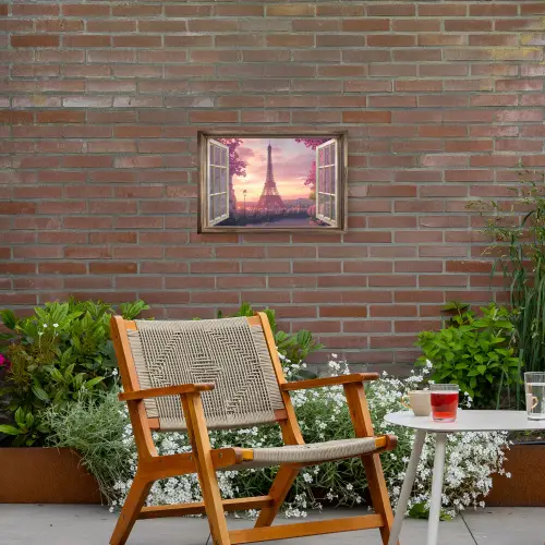 Doorkijk - Parijs - Eiffeltoren - Roze - Kersenbloesem Tuinposter op houten frame 2 cm dik klein -sfeer3