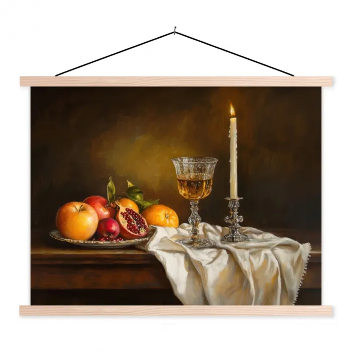 Fruit -  Stilleven - Wijn - Kaars textielposter latten blank klein -3d