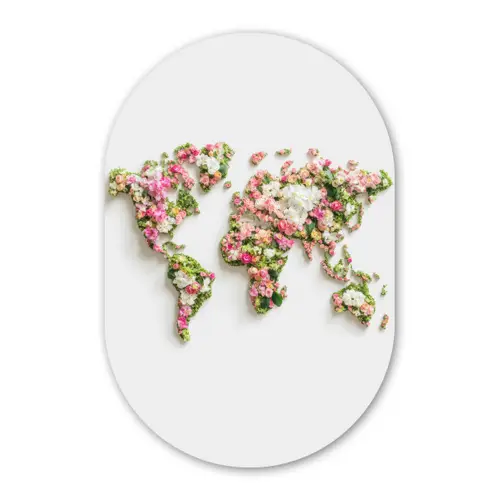 Wereldkaart - Bloemen - Subtiel Wandcirkel Ovaal Glas middel -3d