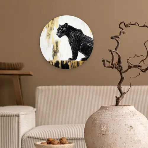 Panter - Zwart - Abstract - Goud Wandcirkel kunststof plaat 5mm dik klein -sfeer1