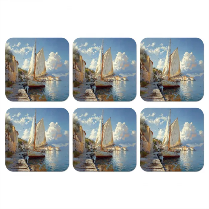 Zeilschip - Huizen - Kade - Zee onderzetter kurk middel -3d