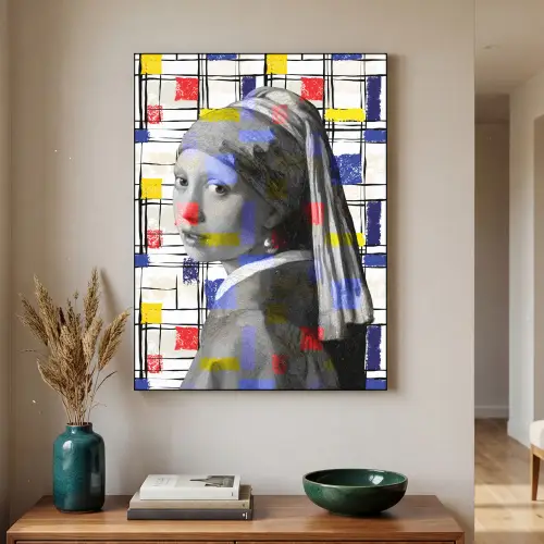 Mondriaan - Meisje met de parel - Collage Textielframe zwart klein -sfeer1