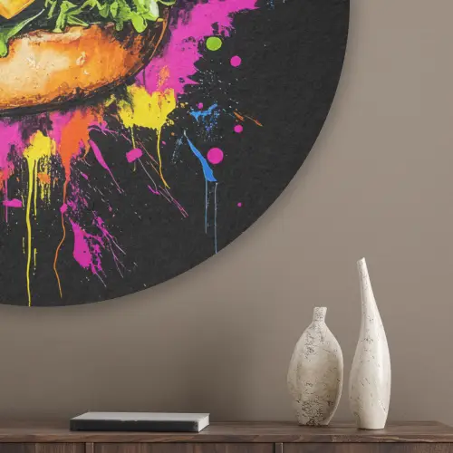 Hamburger - Graffiti - Verf - Kleurrijk - Eten - Abstract Akoestische PET Vilt - Rond klein -sfeer5_closeup
