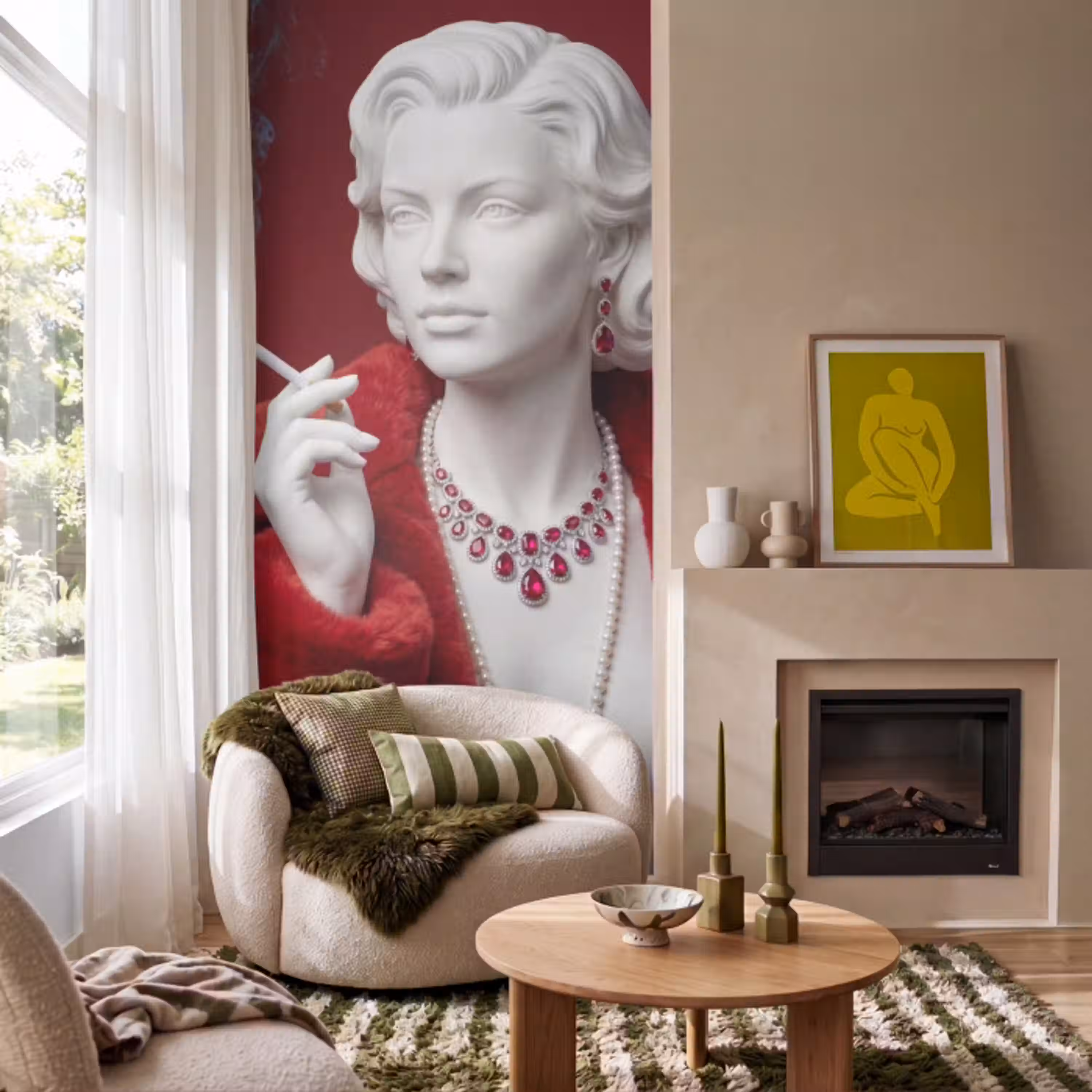 Vrouw - Bontjas - Mode - Klassiek - Rood Behang Vlies klein -sfeer2