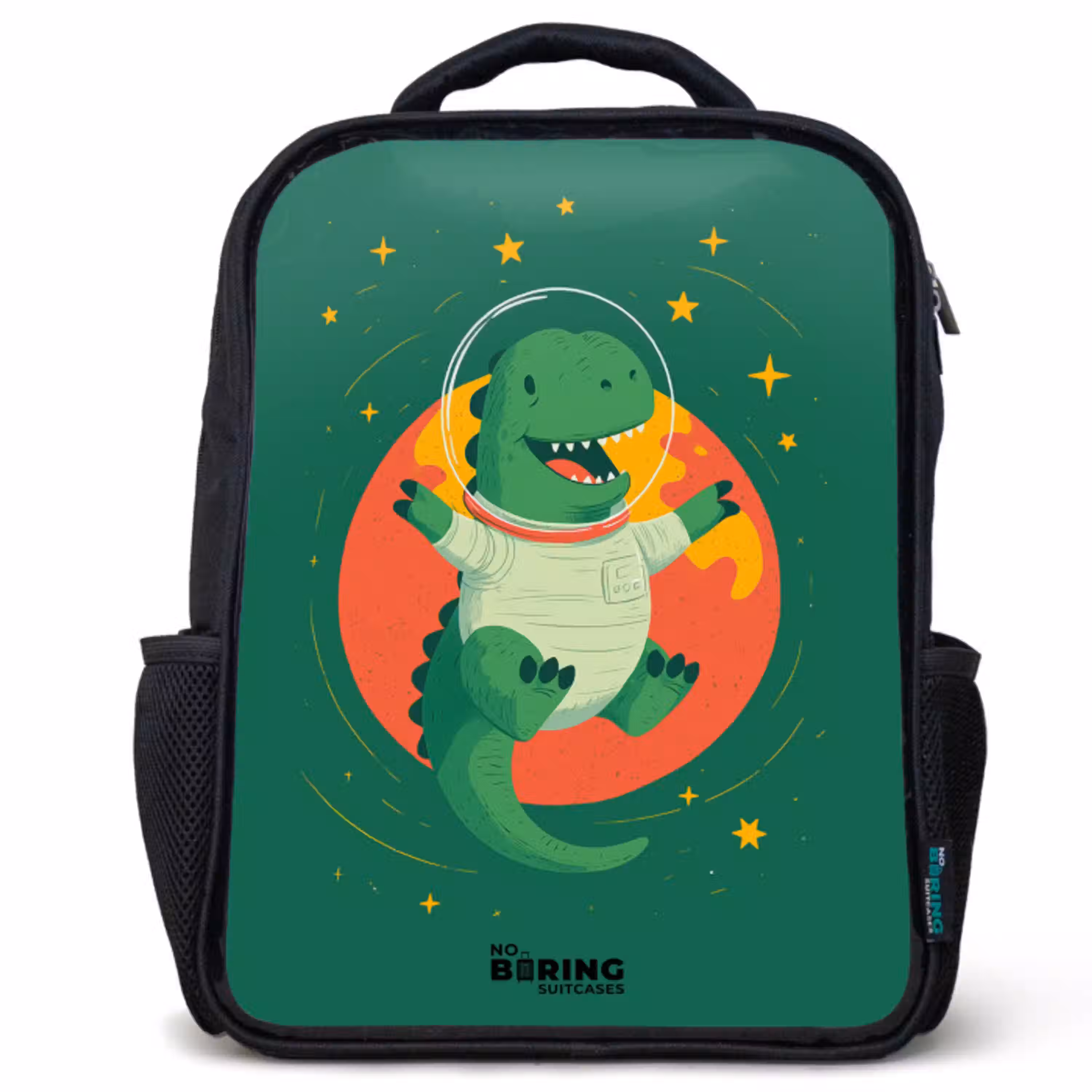 Dino - Planeet - Sterren - Groen Rugzak - Zwart middel -3d