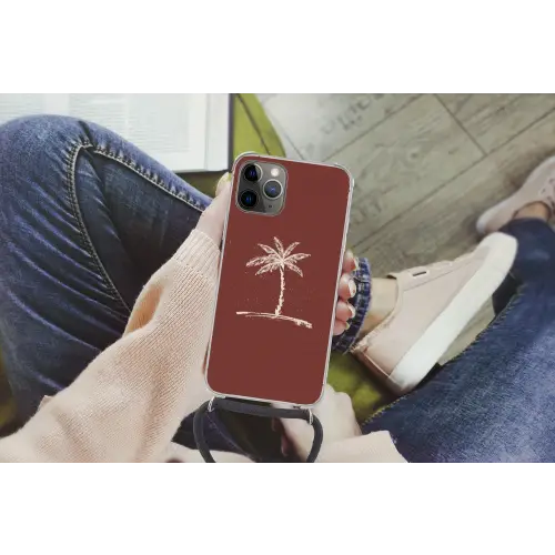Palmboom - Beige - Rood - Tropisch Hoesje iPhone 12 Pro met koord klein -hand