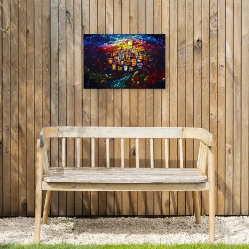Stad - Maan - Mozaïek - Kleurrijk Tuinposter op houten frame 2 cm dik klein -sfeer4