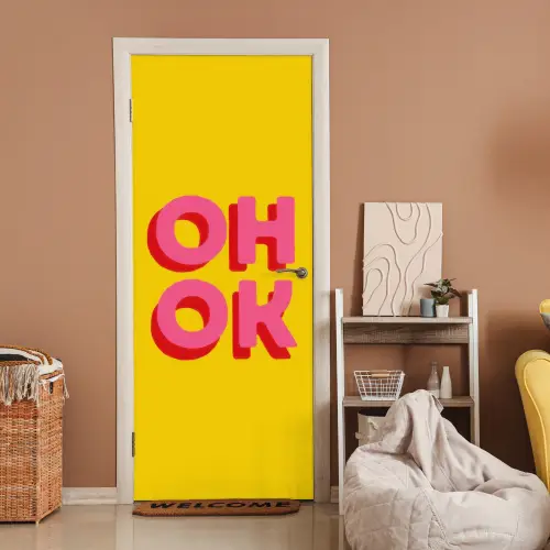 Oh ok - 3D - Geel - Roze deurposter klein -sfeer1