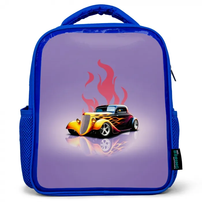 Gele auto met roze vlammen Kinderrugzak - Blauw middel -3d