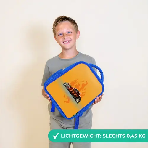 Bruine auto met gele vlammen Kinderrugzak - Blauw middel -sfeer1_NL