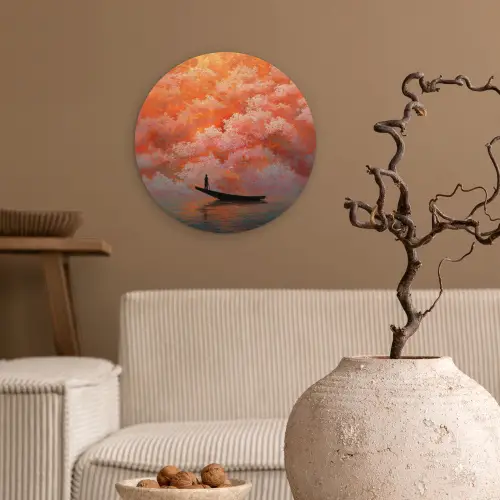 Zee - Boot - Wolken - Oranje Wandcirkel kunststof plaat 5mm dik klein -sfeer1