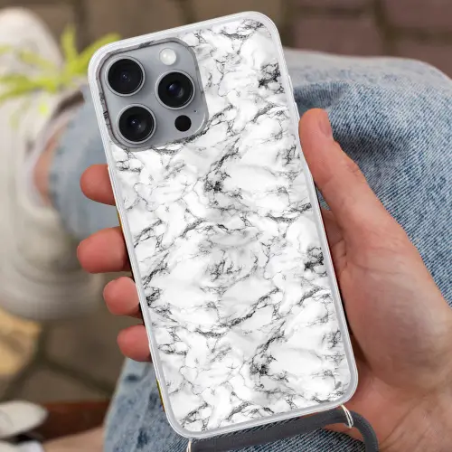 Marmer - Zwart - Dramatisch - Wit Hoesje iPhone 16 Pro Max met koord klein 804 -sfeer3