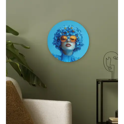Vrouw - Bloem - Blauw - Modern - Bril - Portret Wandcirkel kunststof plaat 5mm dik klein -sfeer3