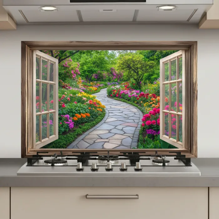 Doorkijk - Bloemen - Tuinpad - Natuur - Raam keuken achterwand spatscherm klein -3d_website