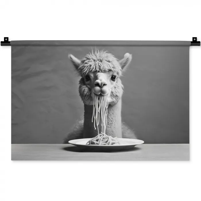 Alpaca - Pasta - Zwart - Wit - Grappig - Dieren Wandkleed katoen klein -zz3d