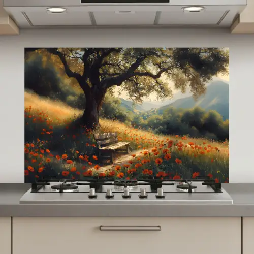 Bankje - Boom - Klaprozen - Heuvels keuken achterwand spatscherm klein -3d_website